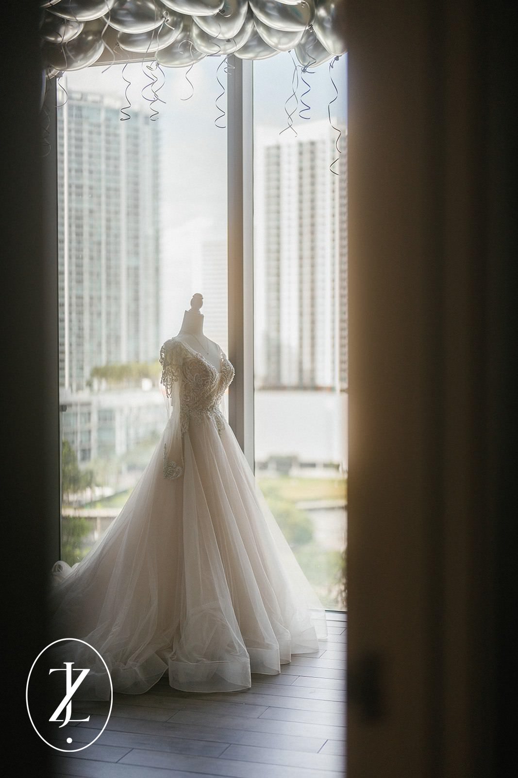 Wedding dress on a mannequin in a hotel room at East Miami 